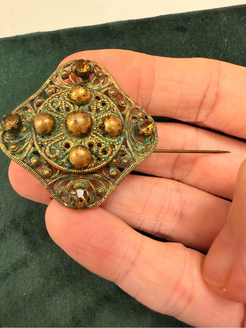 Antique Edwardian Brass Filligree Brooch -Vintage Openwork pin with Amber 1900